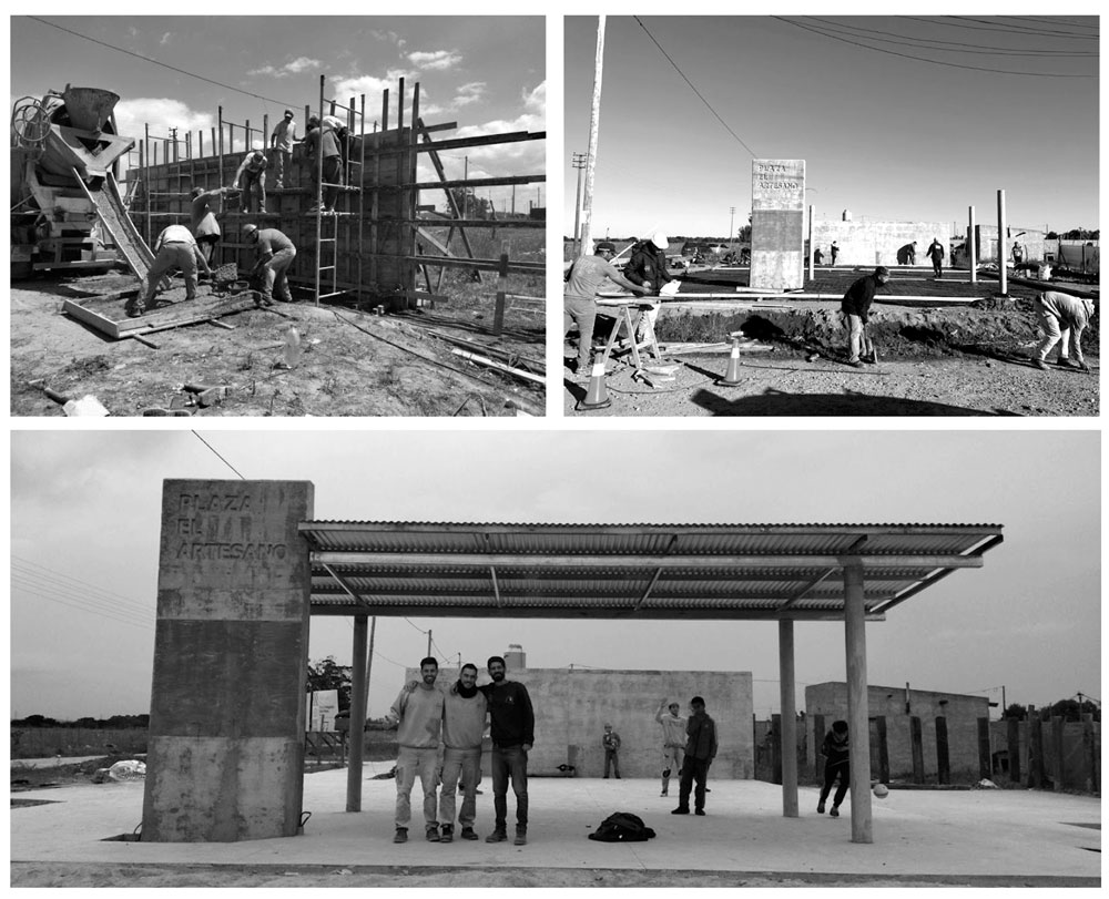 Figura 8. Proceso constructivo de la plaza: encofrado, hormigonado y montaje del semicubierto.