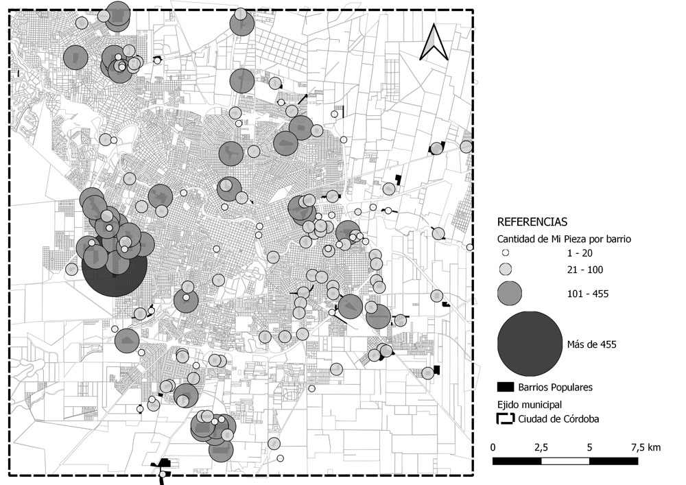 Figura 4. Distribución del programa Mi Pieza en los barrios populares de la ciudad de Córdoba.