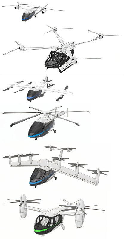 Figura 1. Tipologías (previstas) de vehículos aéreos eVTOL para transporte de pasajeros (p.e. para servicios de taxi aéreo urbano).