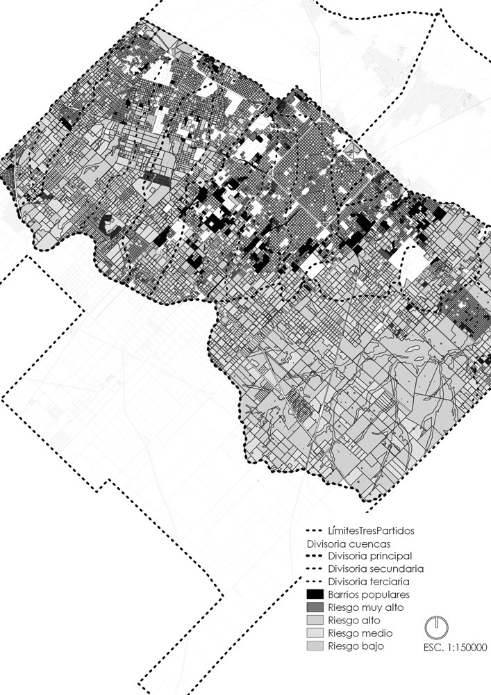 Figura 6. Mapa con ubicación de barrios populares en relación al riesgo de inundación.